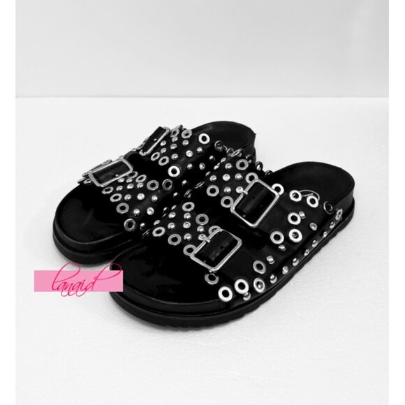 Ash Universe Slide Sandal Black Leather Studded Crystals Birks Flats Edgy Gothic - Picture 14 of 17